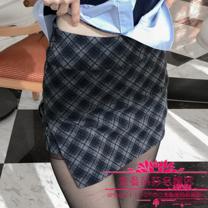 韩国官网正品代购2026年早春款时尚格纹不规则开叉下摆半身短裤裙