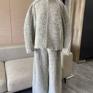 短款宽松设计感皮条拼接立领毛呢夹克羊毛短外套长裤套装