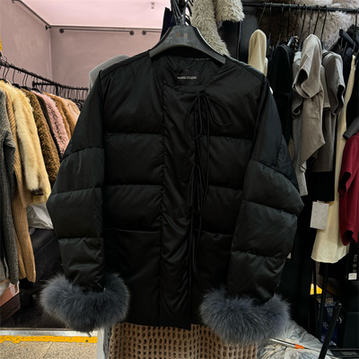 新中式系带圆领狐狸毛羽绒外套女2025冬季韩版气质保暖加厚羽绒服