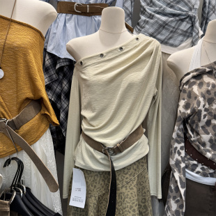 T恤t 打底衫 2026春韩版 纯欲辣妹金属透气孔斜领露肩系腰带显瘦长袖