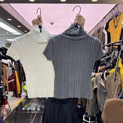 高领短袖短款竖纹理针织衫女2025秋韩系修身纯色辣妹百搭打底毛衣