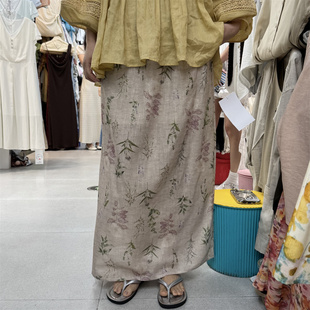A T fashion2026夏文艺风麻料松紧腰开叉碎花百搭显瘦半身长裙