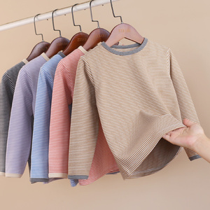 儿童条纹磨毛加厚德绒打底衫秋衣冬男女童保暖条纹保暖内衣中大童