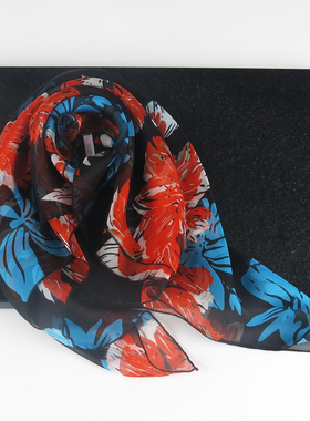 【清仓轻微瑕疵】花色小方巾丝巾橙色系脖黑底100%桑蚕丝真丝围巾