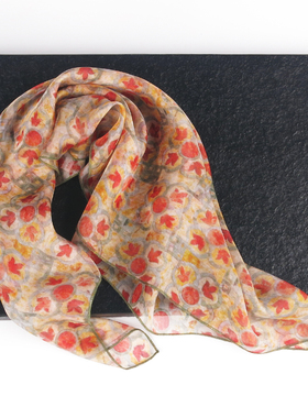 橙色小方巾丝巾女2025新款碎花中国风春秋纱巾100%桑蚕丝真丝围巾