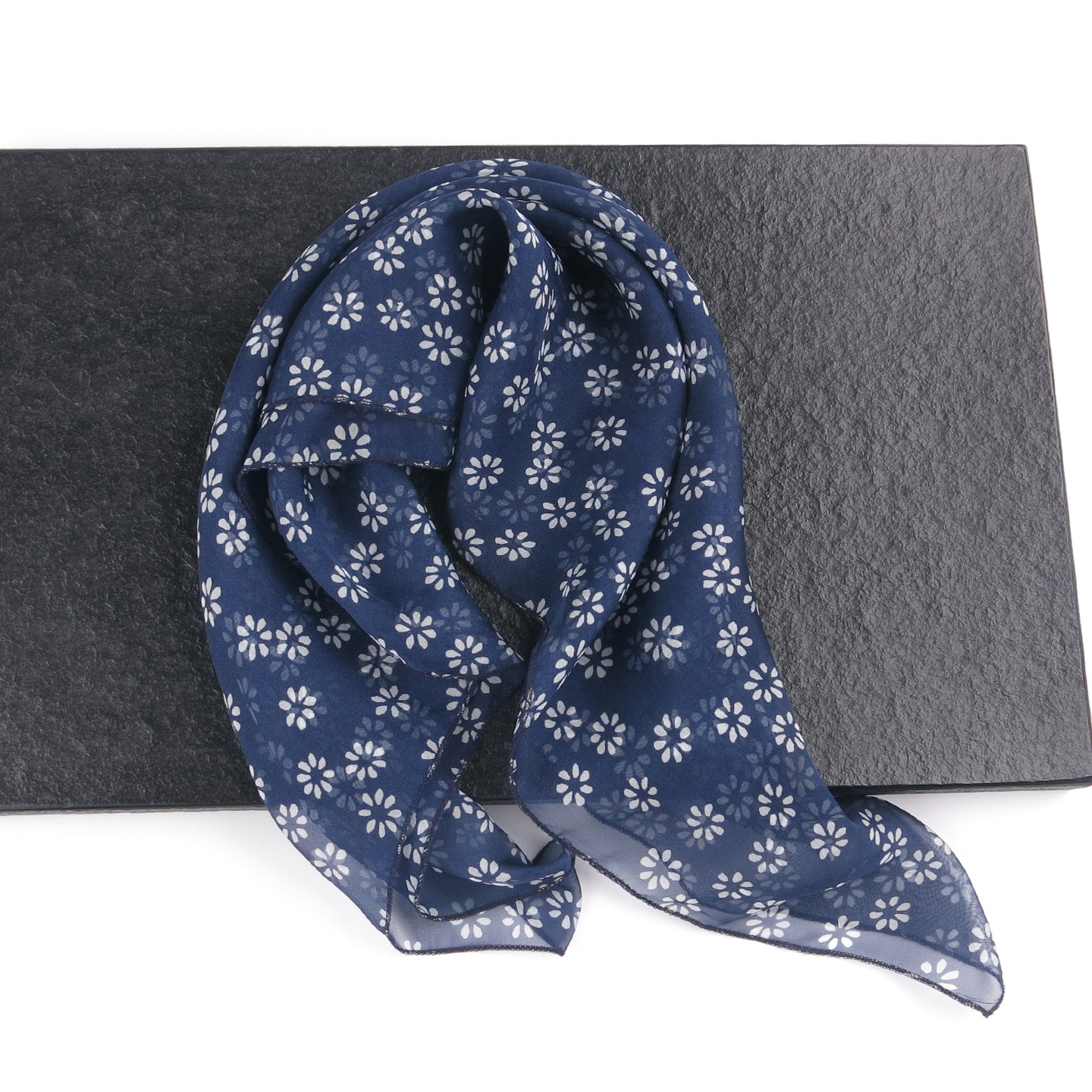 深蓝色小方巾丝巾女高档纱巾碎花中国风百搭100%桑蚕丝真丝围巾