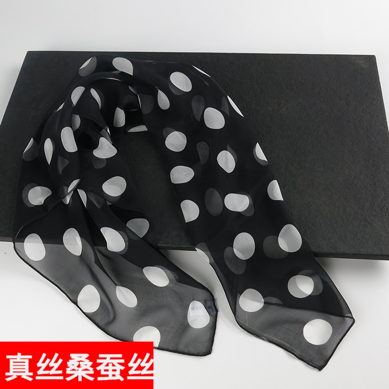 【清仓微瑕】黑色大波点小方巾丝巾春秋防晒薄桑蚕丝100%真丝围巾