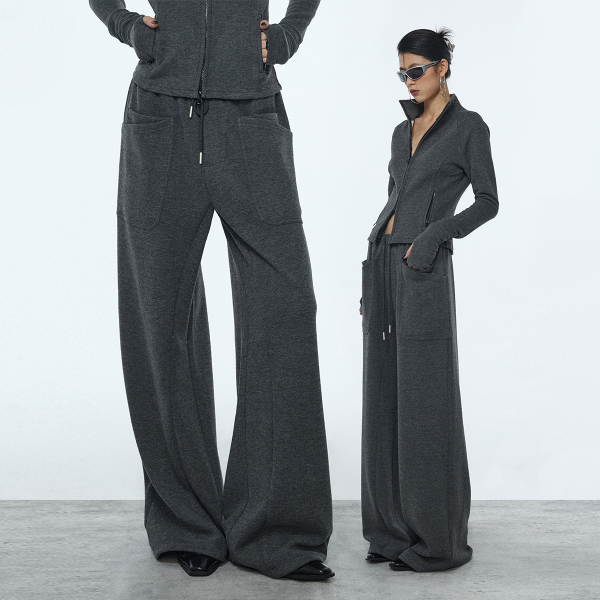 ourhour灰立领双头拉链卫衣套装