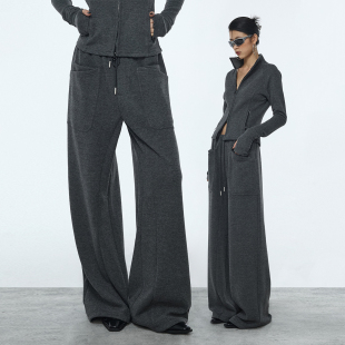 双层口袋 女冬套装 铅笔灰立领拉链修身 两件套 卫衣阔腿裤 ourhour