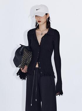 ourhour 坑条修身 黑色polo领喇叭袖破口毛边开衫 女设计感针织衫