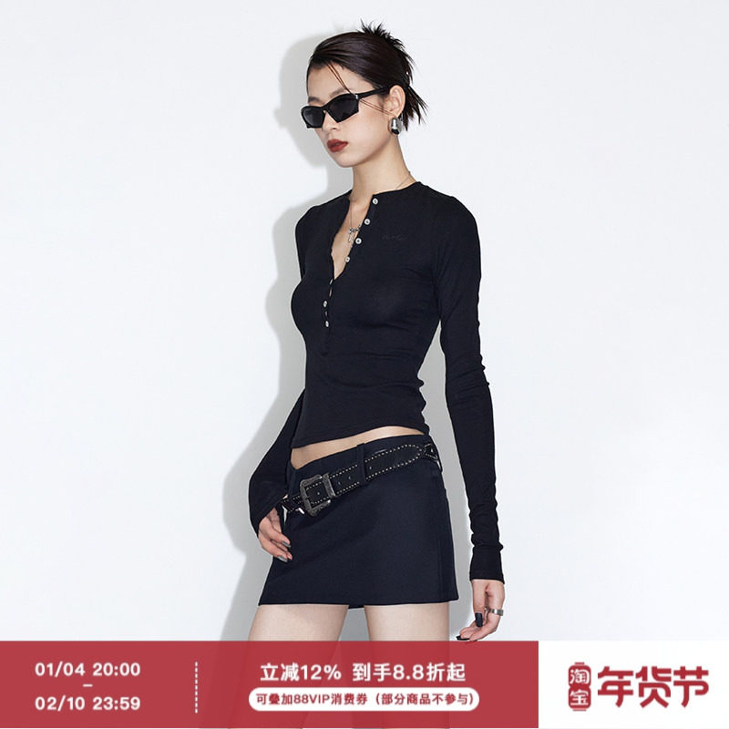 ourhour 薄款显瘦 纯色亨利领多扣修身打底衣 女秋设计感针织衫