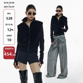 黑色高领毛毛马甲拉链开衫 ourhour 假两件拼接 女春设计感外套