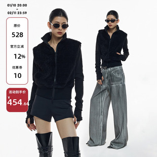 ourhour 假两件拼接 黑色高领毛毛马甲拉链开衫 女春设计感外套