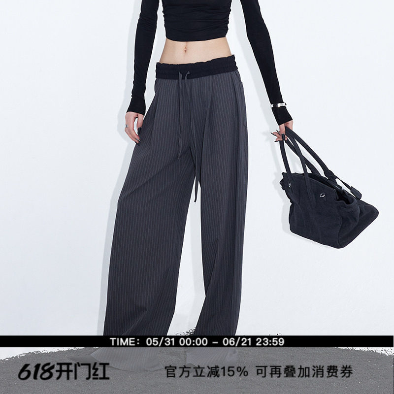 ourhour 知识分子 黑灰条纹可翻腰抽绳宽松西装裤 女设计感阔腿裤