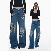 女长裤 ourhour 2026春 破洞毛边阔腿休闲水洗蓝牛仔裤 亮片贴布