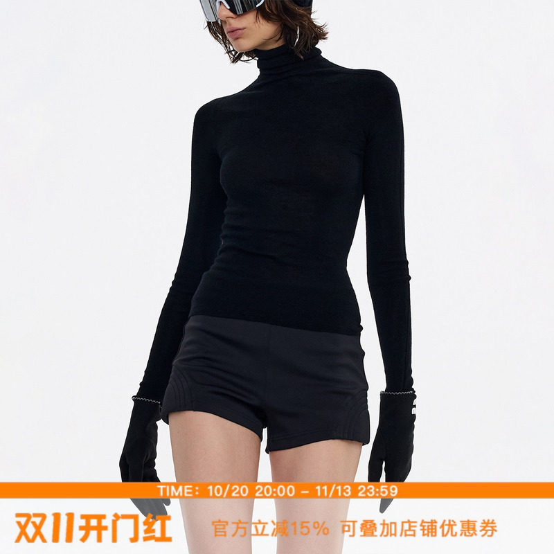 ourhour 100%绵羊毛 黑色高领无缝一体针织打底衫 女冬季保暖上衣