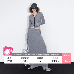 ourhour 慵懒松弛感 灰色黑色连帽拉链短卫衣半裙 女秋设计感套装