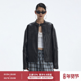 ourhour 解构分割 深棕色小立领拉链宽松皮衣夹克 女冬设计感外套