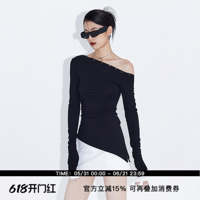 ourhour 斜边下摆 黑色两穿斜领露肩烫钻打底衣 女设计感修身上衣