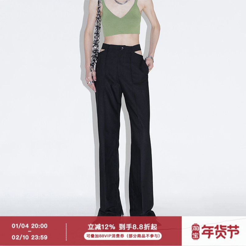 ourhour 两侧露腰 黑色高腰直筒显瘦西装长裤 女春季设计感休闲裤