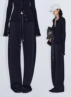 ourhour 松弛感 黑色抽绳腰宽松休闲弯刀裤卫裤 女秋设计感运动裤