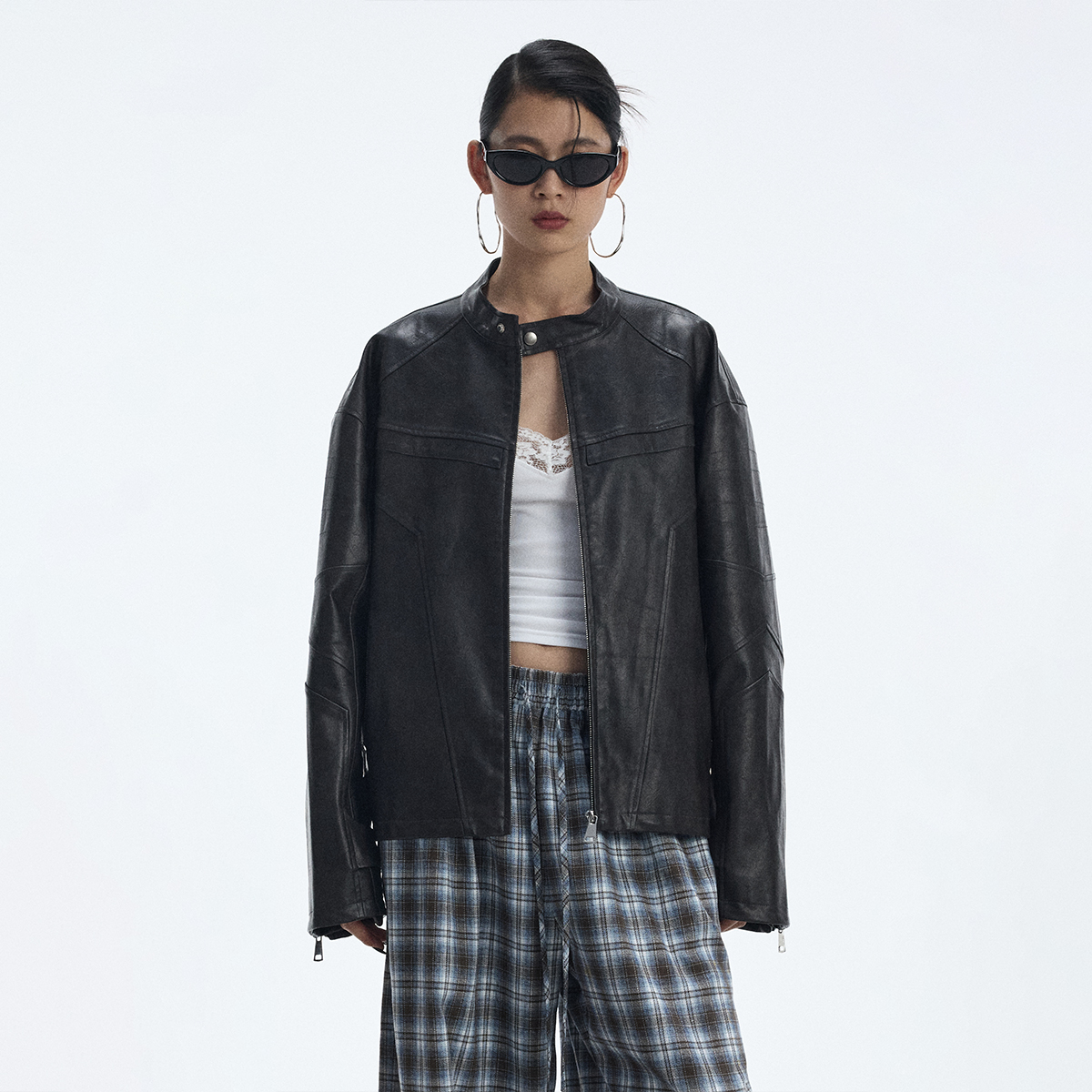 ourhour深棕色解构分割拉链皮衣