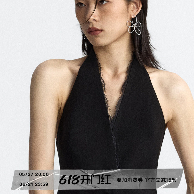 ourhour 知识分子 黑色蕾丝V领挂脖西装马甲 女夏设计感露背上衣