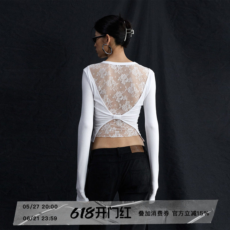 ourhour 蝴蝶结蕾丝露背 白色圆领修身长袖内搭 女春设计感打底衫