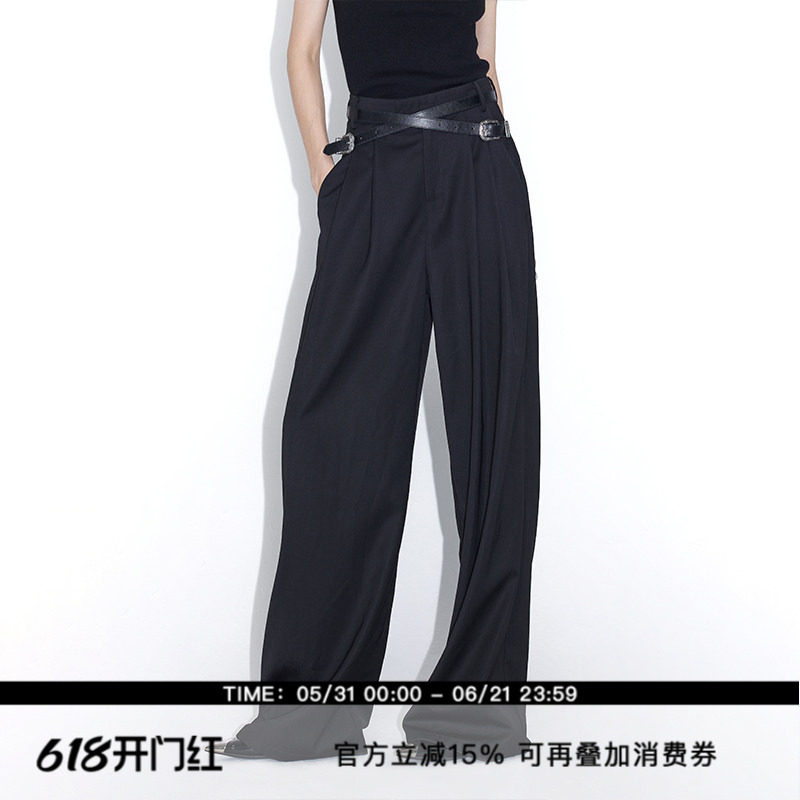 ourhour 交叉皮带 捏褶宽松拖地阔腿西装裤 女秋设计感休闲长裤