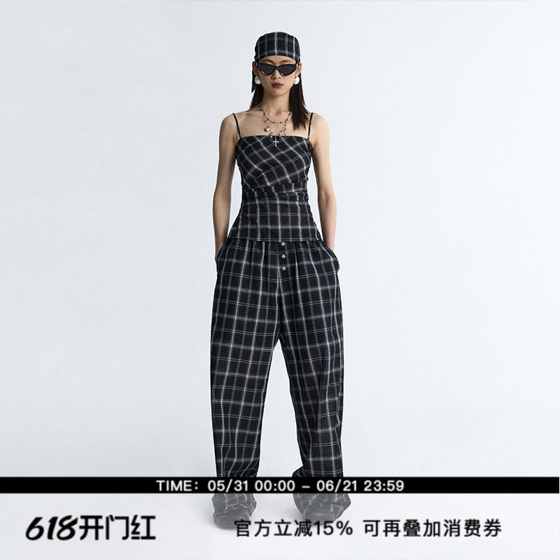 ourhour 黑白格纹 开衩褶皱打揽吊带 门襟纽扣阔腿休闲裤女夏套装