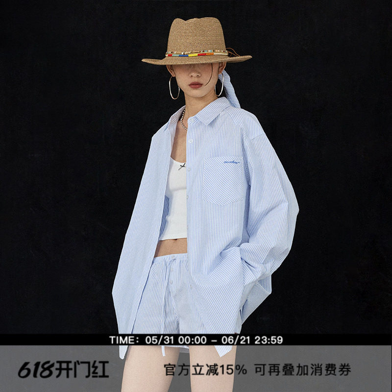 ourhour 口袋刺绣 蓝白条纹薄款宽松长袖衬衫 女春设计感廓形开衫