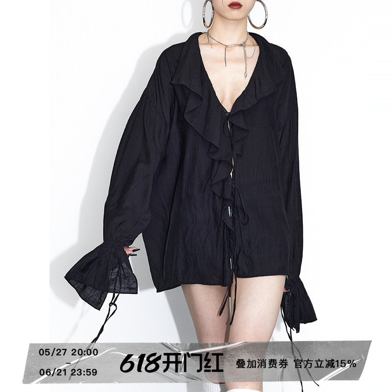 ourhour 大荷叶边V领袖口系带 黑色宽松轻薄衬衫 女春设计感衬衫