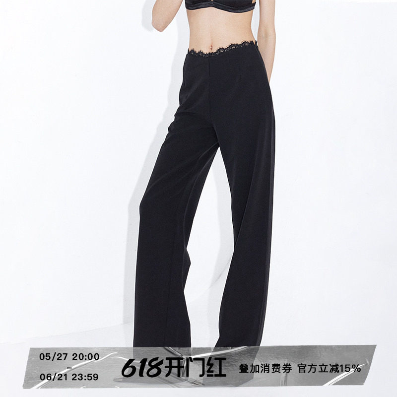 ourhour 蕾丝花边 黑色V腰宽松拖地西装裤 女夏设计感休闲长裤