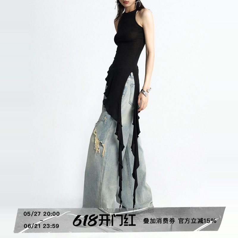 ourhour 斜边下摆 黑色削肩开衩荷叶边飘带鱼尾背心 女夏修身上衣
