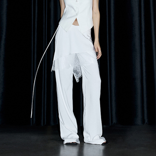 女设计感裙裤 白色黑色V腰蕾丝裙帘叠穿西裤 假两件系带 ourhour