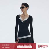 黑白撞色假两件天丝亨利领打底衣 ourhour 撒银内里 女设计感上衣