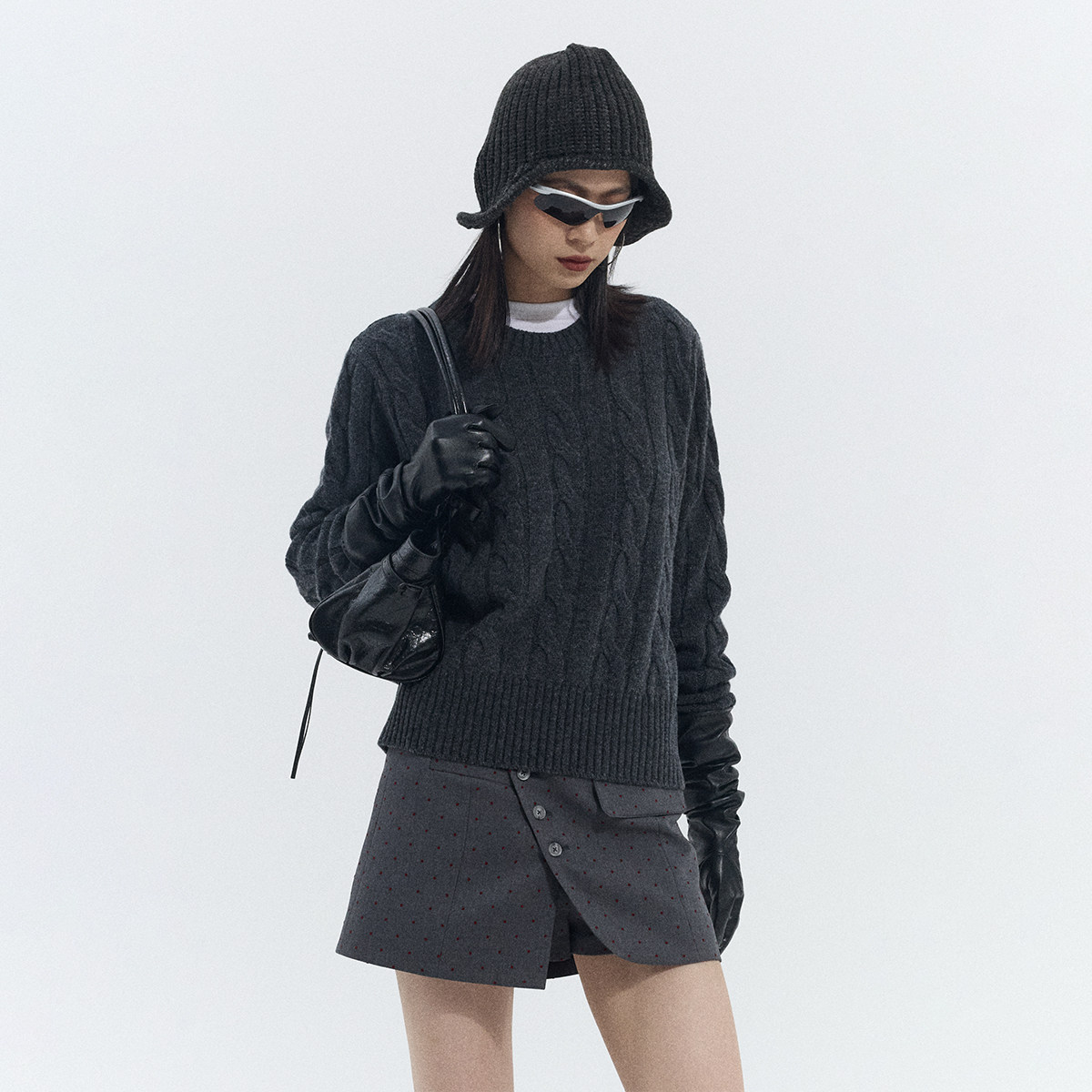 ourhour 复古绞花 深灰色圆领麻花套头宽松针织衫 女冬设计感毛衣