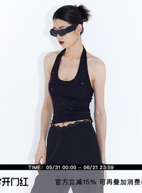 ourhour 满天星烫钻 黑色U领削肩挂脖修身短背心 女夏设计感上衣