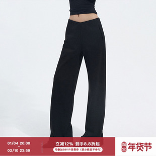 ourhour 纯色简约 黑色灰色V腰抓绒宽松休闲卫裤 女冬设计感长裤