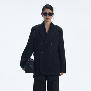 静谧黑色羊毛双排扣毛呢西装 饰 女冬设计感外套 手缝线装 ourhour