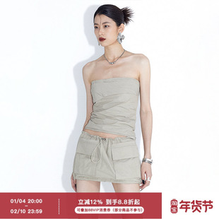 ourhour 工装大口袋 沙砾色抽绳腰花苞裤裙 女夏季设计感户外短裙