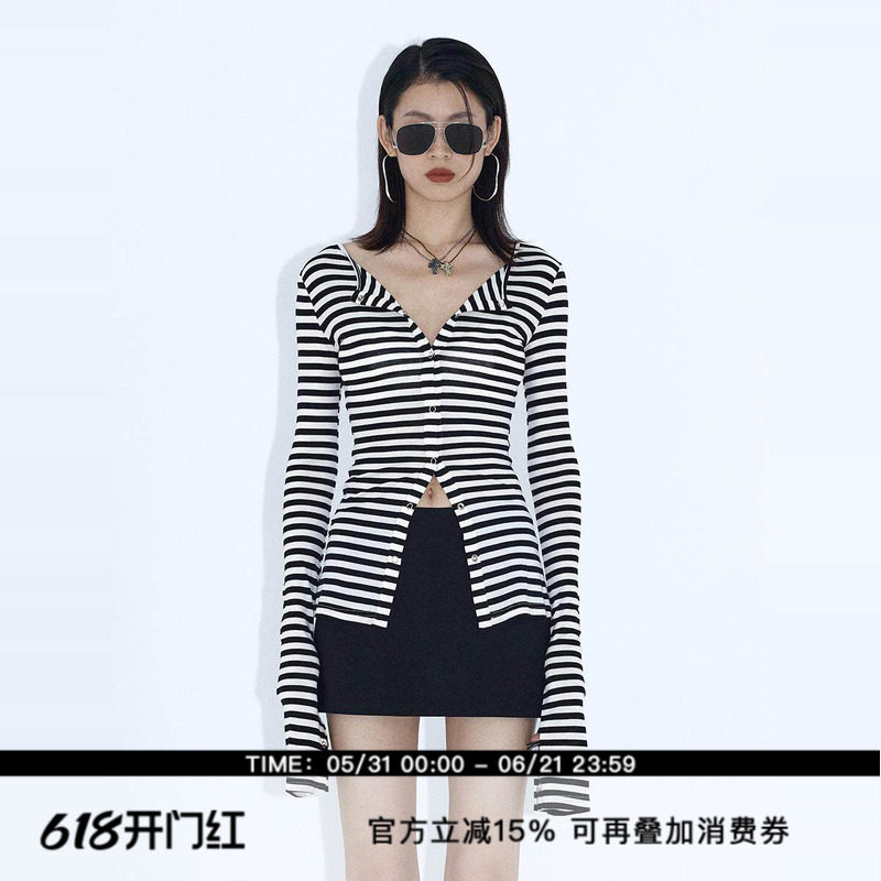 ourhour 袖口开衩 黑白条纹修身莱赛尔长袖开衫 女春设计感薄上衣