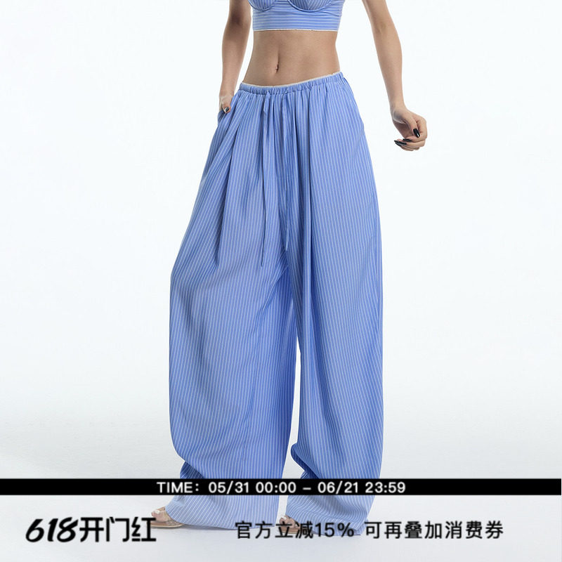 ourhour 航海度假 蓝白条纹花边腰头松弛显瘦遮肉阔腿春夏休闲裤