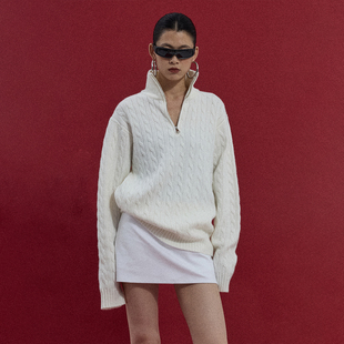 ourhour 立体绞花 白色高领半拉链套头麻花毛衣 女冬设计感针织衫