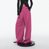 女秋高腰宽松休闲拖地长裤 裤 小众原创玫粉色捏褶阔腿西装 ourhour