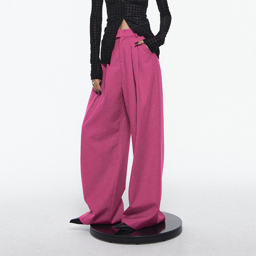 玫粉色直筒西装裤宽松长裤