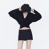 上衣 黑色V领褶皱露脐蝴蝶袖 女设计感纯色上衣 腰间扭结 ourhour