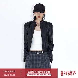 ourhour 复古做旧 棕色修身短款拉链皮衣外套 女秋设计感机车夹克