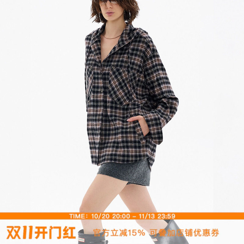 ourhour 怀旧格纹回潮 多口袋宽松抽绳连帽衬衫外套 女冬休闲上衣