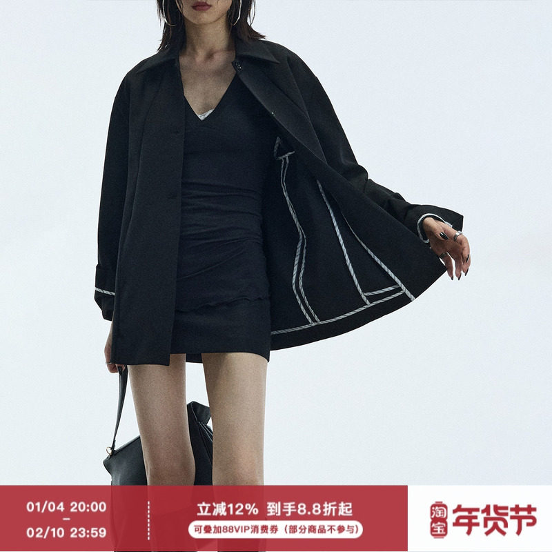 ourhour 宽松廓形 黑色内里撞边条全包缝夹克式西装 女设计感外套,女装/女士精品,短外套,淘宝优惠券,粉丝福利购,淘宝优惠卷